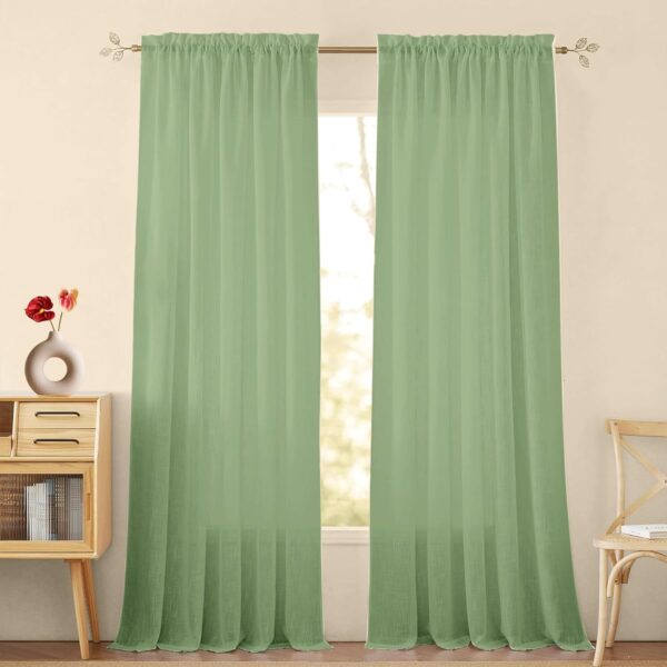 Elegant Mint Green Cotton Sheer Curtains for Living Room and Bedroom Decor - Image 2