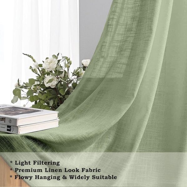 Elegant Avocado Green Cotton Linen Sheer Curtains with Eyelet Rings - Set of 2 - Image 2