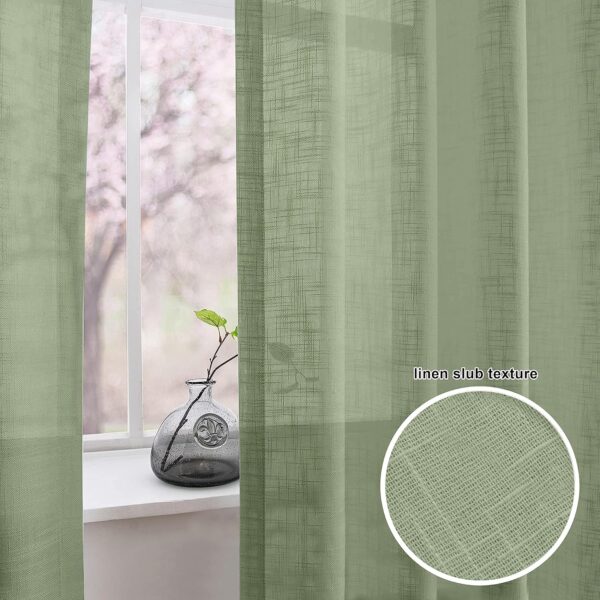 Elegant Avocado Green Cotton Linen Sheer Curtains with Eyelet Rings - Set of 2 - Image 5