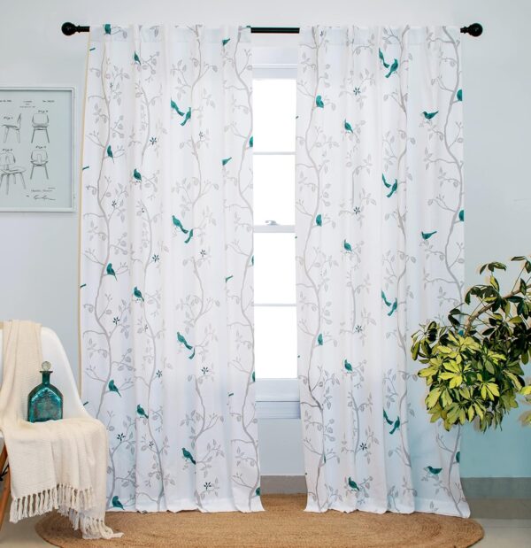 Elegant Blue Bird Print Cotton Curtains for Room Darkening and Light Filtering - Image 2