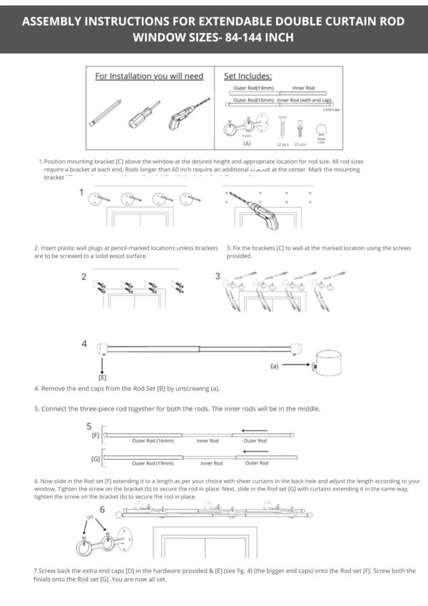 Adjustable Double Curtain Rod for Windows and Doors - 84"-144" Extendable Design - Image 3