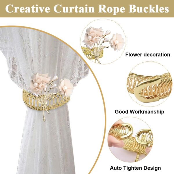 Elegant Gold Pearl Floral Curtain Tiebacks - Adjustable Metal Holdbacks (Pack of 2) - Image 3