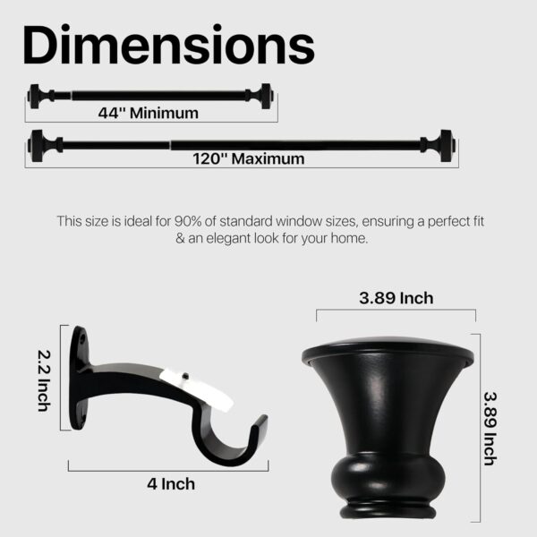 Adjustable Black Curtain Rod for Windows 44 to 120 Inch - Heavy Duty Iron - Image 4