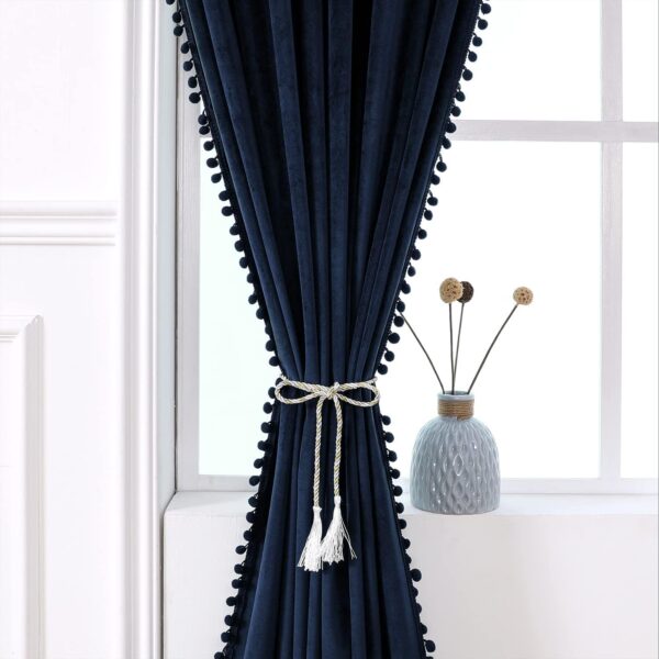 Umi Velvet Blue Blackout Door Curtains with Pom Pom Lace - 4x7 Feet - Image 2