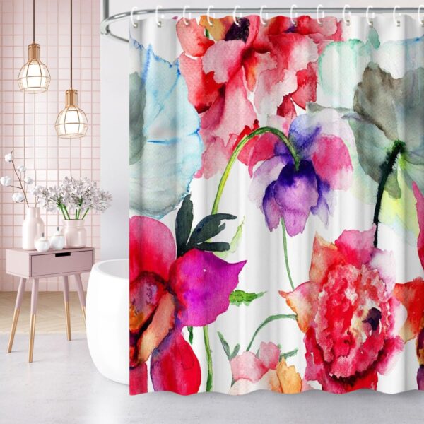 Livilan Aesthetic Shower Curtain Set with Abstract Watercolor Flower Design - Image 3