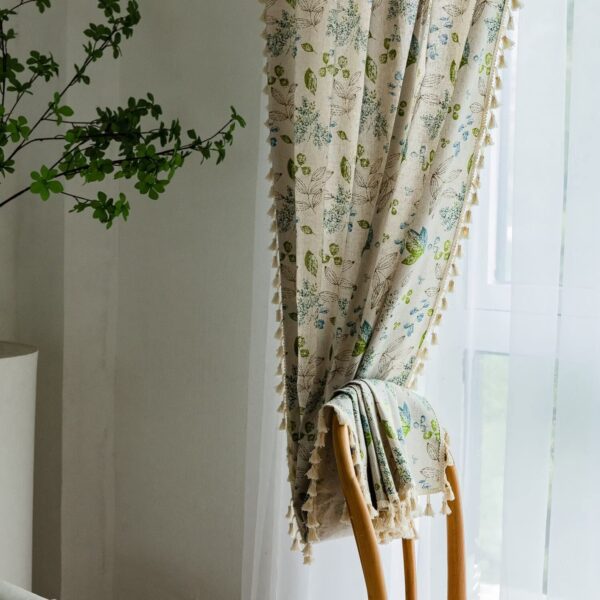 HUESLAND Green Leaf Floral Cotton Curtains for Doors - 7 Feet Long - Image 3