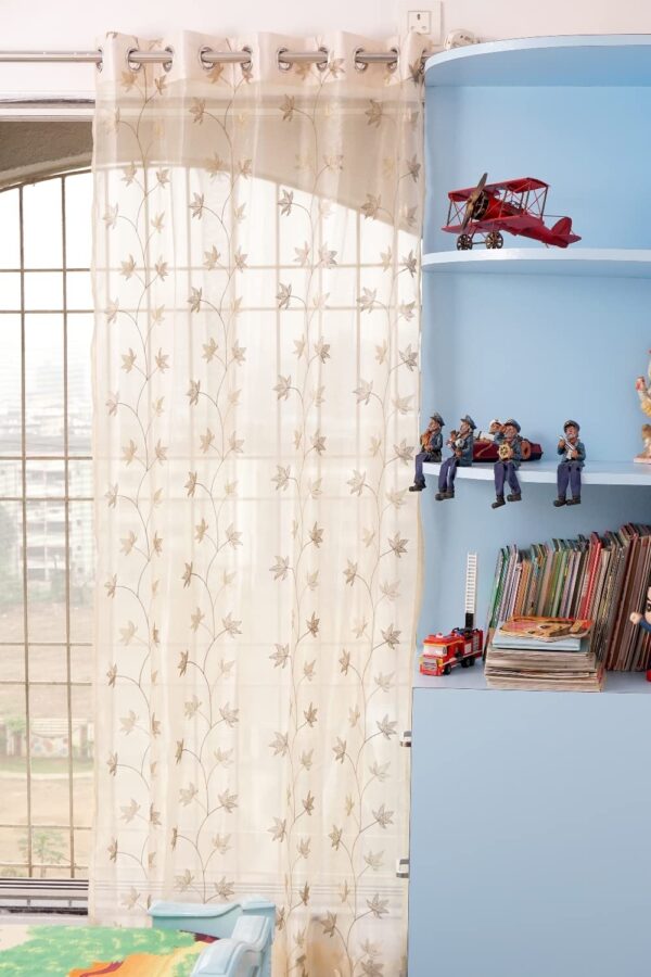 Elegant Brown Sheer Grommet Curtains with Flower Embroidery - Pack of 4 - Image 2