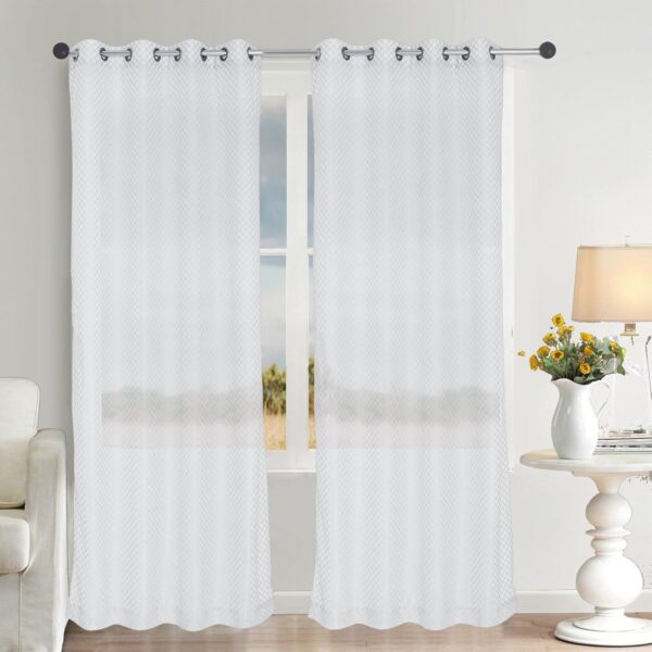 Beautiful Geometric Knitted Sheer Curtains in Grey & Green - Soft & Lightweight - Image 2