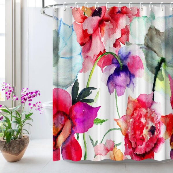 Livilan Aesthetic Shower Curtain Set with Abstract Watercolor Flower Design - Image 2