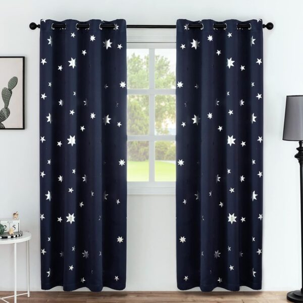 Anjee Navy Blue Star Print Thermal Blackout Curtains for Light Blocking Privacy - Image 7