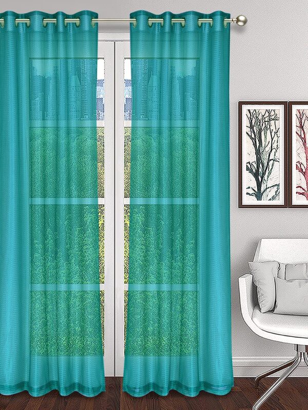 Elegant Turquoise Sheer Eyelet Door Curtains - Set of 2 Premium Fabric - Image 2