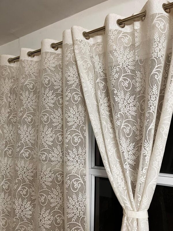 Elegant Semi Sheer Floral Curtains for Doors - 7 Feet Long, Cream Set - Image 2