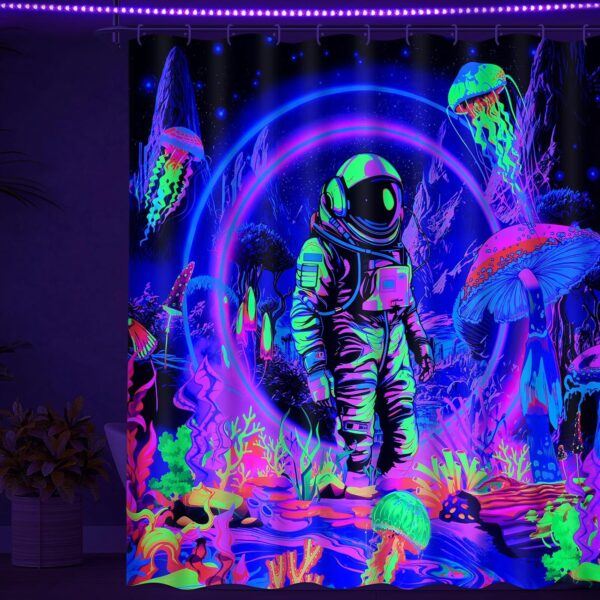 Trippy Blacklight Astronaut Shower Curtain Set for Kids' Cool Bathroom Decor - Image 3