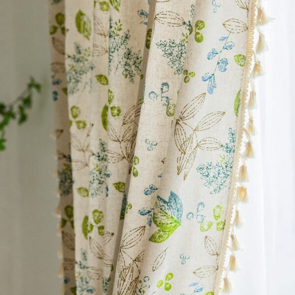 HUESLAND Green Leaf Floral Cotton Curtains for Doors - 7 Feet Long - Image 2