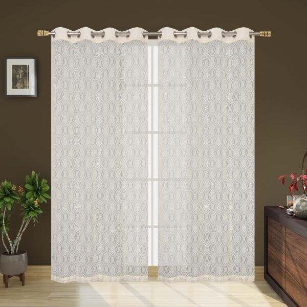 Elegant Cream Polyester Sheer Door Curtains with Damask Design - Set of 2 - Image 2