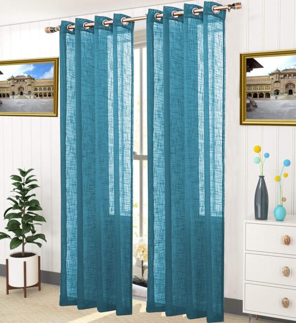 Trendy House Teal Cotton Linen Curtains with Eyelet Rings - Pack of 2 - Image 2