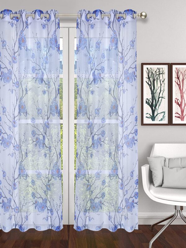 Sheer Blue Floral Eyelet Long Door Curtains - Set of 2 pcs 8ft - Image 2