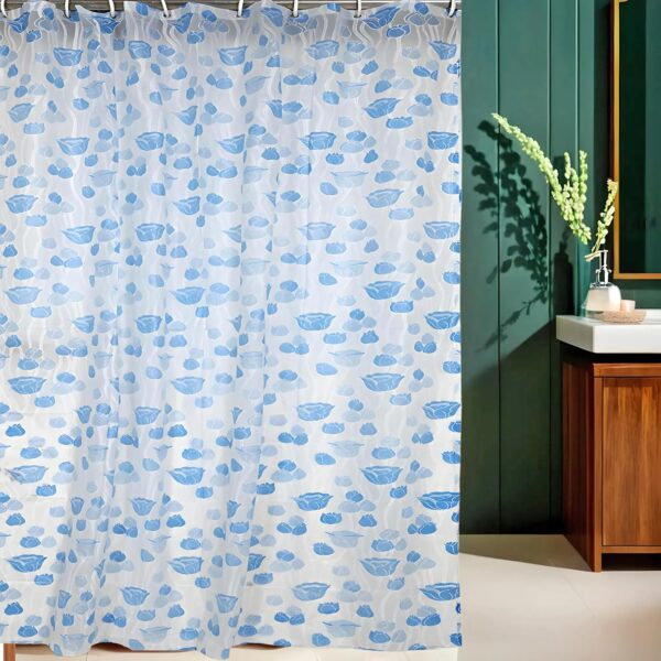 Stylish Blue PVC Floral Shower Curtain with Hooks - Washable & Durable - Image 4