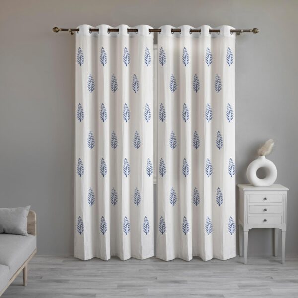 Cotton Linen Semi-Sheer Curtains for Stylish Living Room Decor in Blue Leaf - Image 2