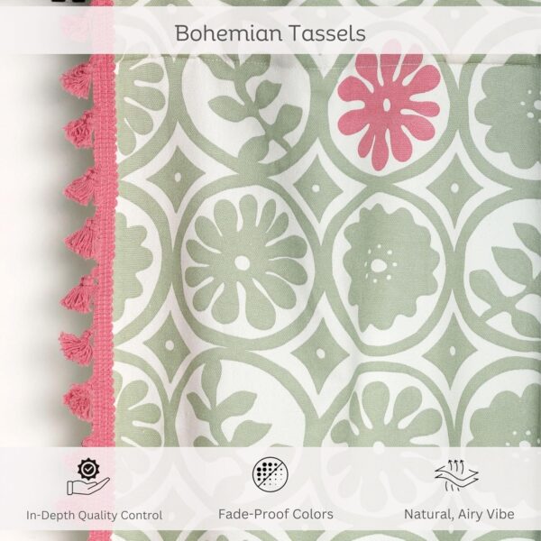 Bohemian Tasseled Cotton Curtains for Room Darkening - Mild Green & Pink - Image 3