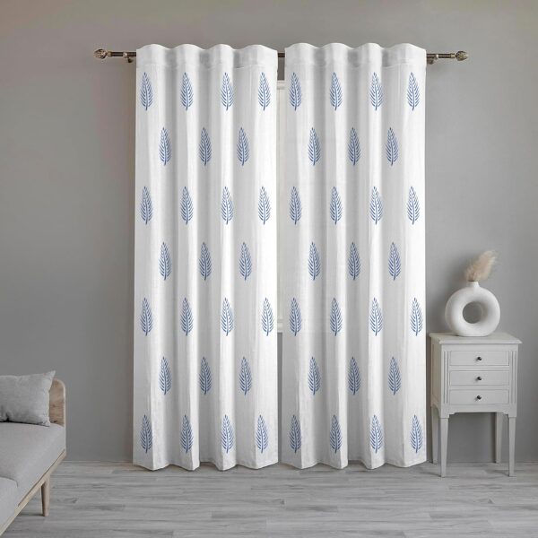 Elegant Cotton Curtains Set of 2 for Stylish Home Decor in Blue Leaf - Image 3