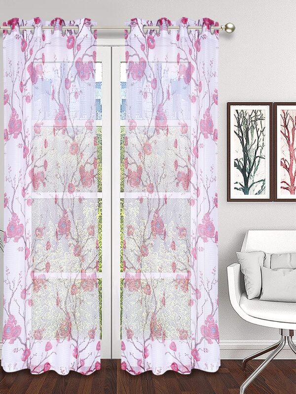 Stylish Wine Color Floral Eyelet Door Curtains - Set of 2 Pcs - Image 2