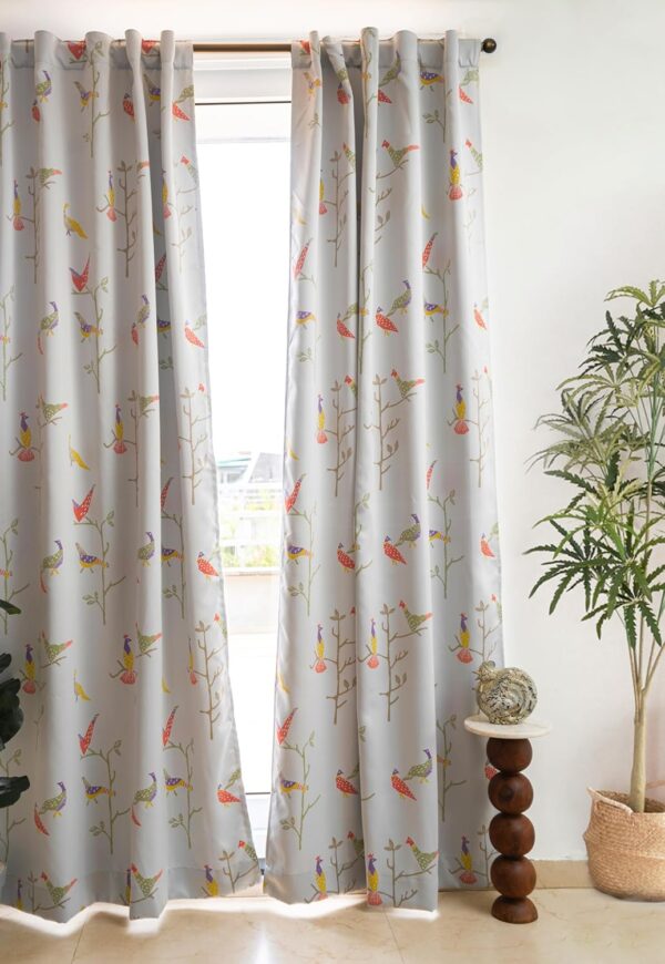 Tranquebar 80% Blackout Bird Print Door Curtains in Grey - 7 Feet Long - Image 2