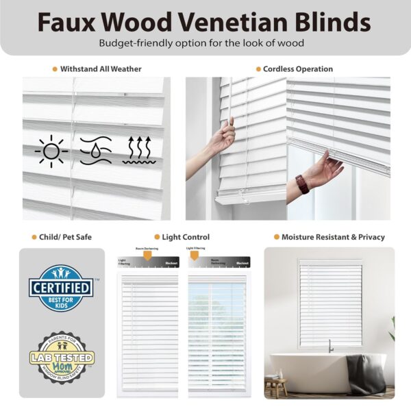 Cordless 2" Snow White Faux Wood Blinds - 23.75" W x 48" H - Image 2