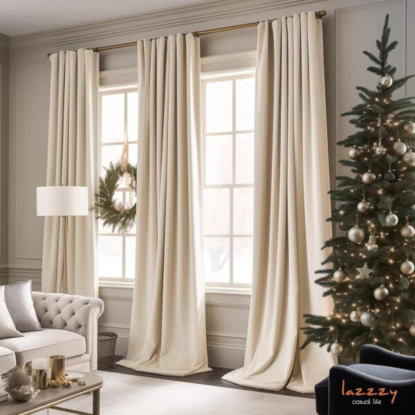 Lazzzy Beige Velvet Curtains: 120-Inch Light Blockout Thermal Drapes for Luxury Living - Image 7