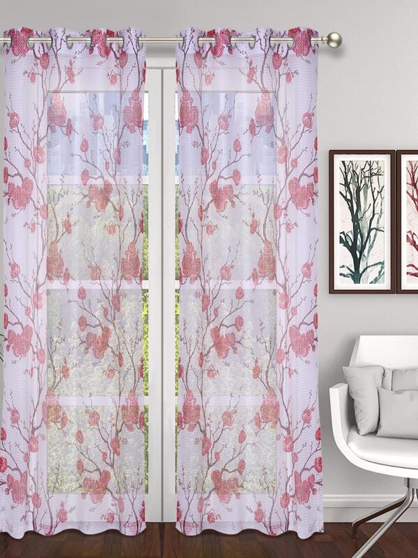 Elegant Maroon Floral Eyelet Long Door Curtains - Set of 2 Sheer Fabric - Image 2