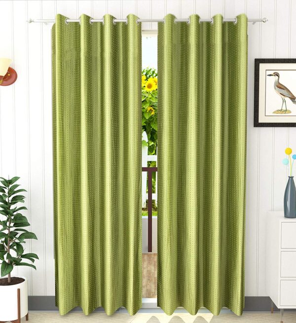 Solid Green Polyester Window Curtains - 6 Feet, Pack of 2 Panels - Image 2