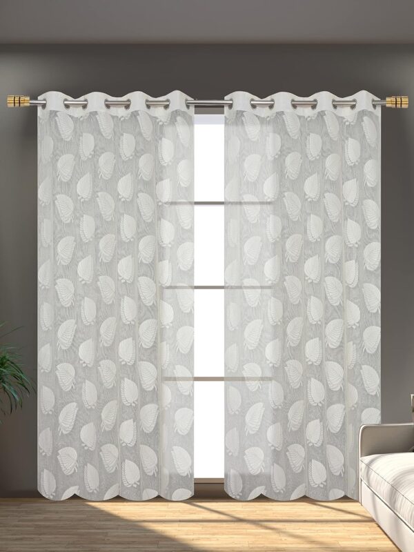 Elegant Off-White Semi Sheer Leaf Curtains for 8 Feet Long Doors - Image 3