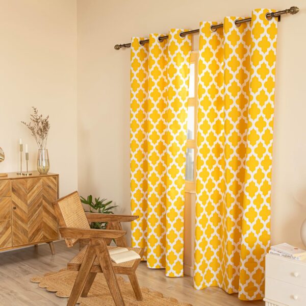 Stylish HOMEMONDE 7 Feet Long Yellow Curtains Set with Quatrefoil Design - Image 4