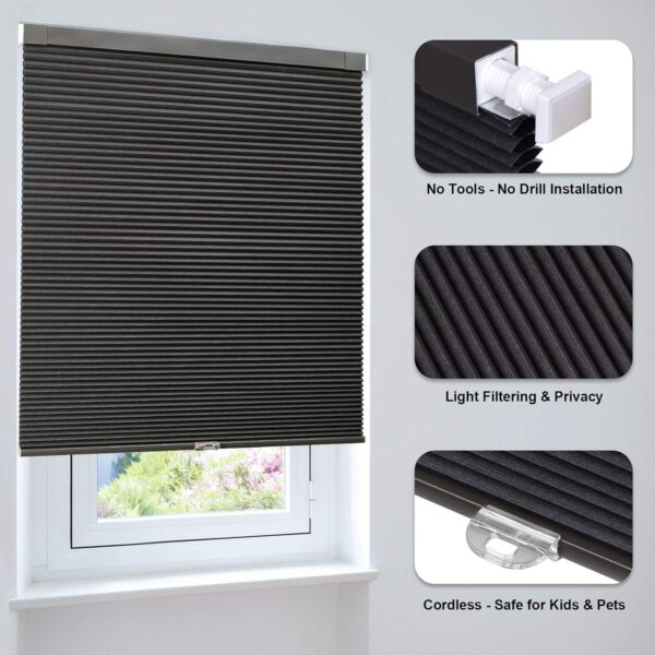 Cordless Cellular Shades: Midnight Black Blackout Blinds for 33" W x 64" H Windows - Image 3