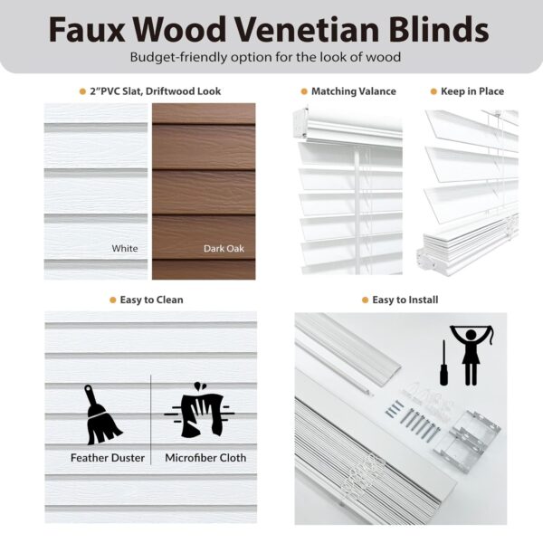 Cordless 2" Snow White Faux Wood Blinds - 23.75" W x 48" H - Image 3