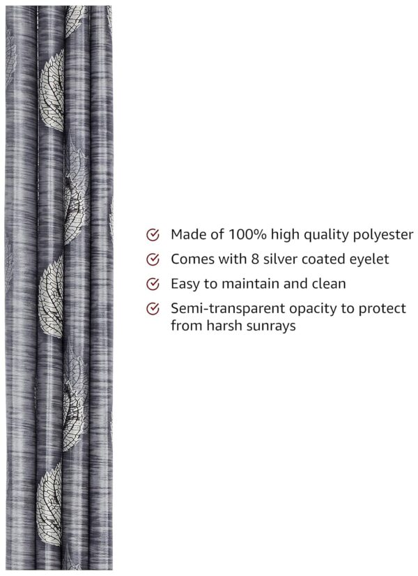 Stylish Grey Leaf Print Window Curtains - Light-Filtering Polyester, Pack of 2 - Image 2