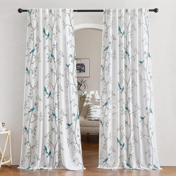 Sheer Bird Print Curtains: Light Filtering Window Decor in Blue Set of 2 - Image 2