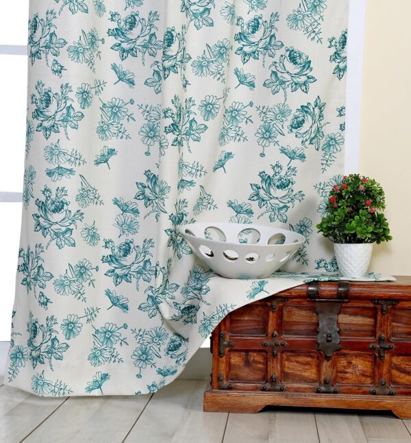 Premium Cotton Aqua Floral Room Darkening Curtains - 5 Feet Long Set of 2 - Image 4