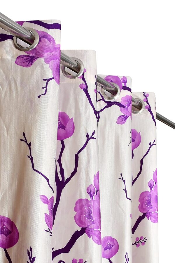 Stylish Purple Polyester Eyelet Curtains: Light-Filtering Floral and Plain Combo Pack - Image 2