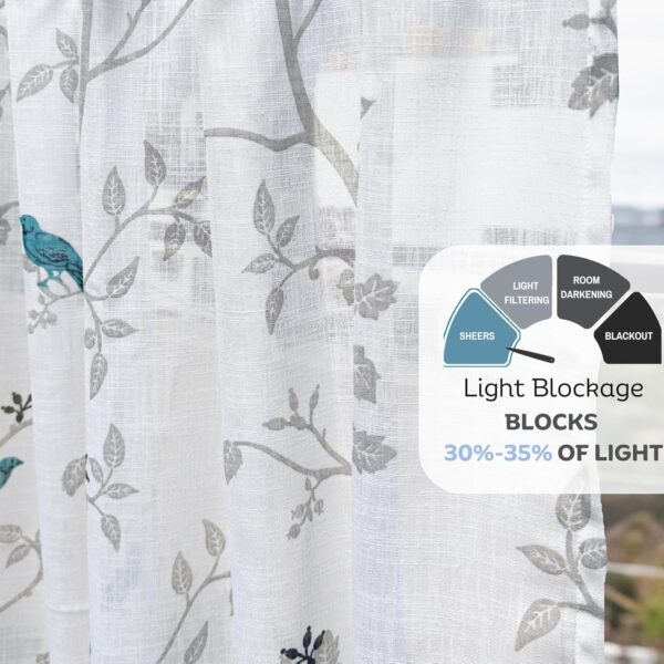 Sheer Bird Print Curtains: Light Filtering Window Decor in Blue Set of 2 - Image 5