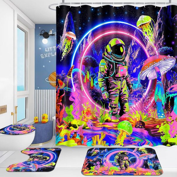 Trippy Blacklight Astronaut Shower Curtain Set for Kids' Cool Bathroom Decor - Image 2