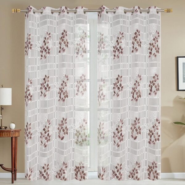 Elegant Brown Flower Print Sheer Curtains for Doors - Pack of 2 - Image 2