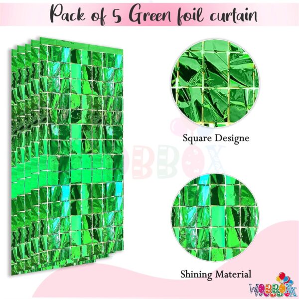 Green Tinsel Metallic Foil Curtain Backdrop for Party Decorations - 5 Pack - Image 2