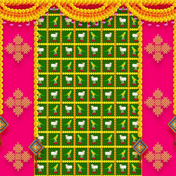 Dhara Cow and Parrot Pink Backdrop Cloth for Festive Pooja Decoration - Image 3