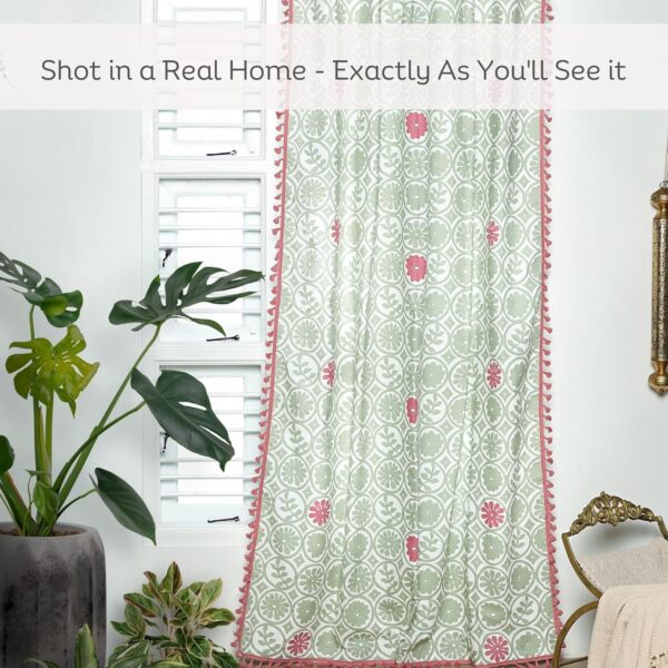 Bohemian Tasseled Cotton Curtains for Room Darkening - Mild Green & Pink - Image 2