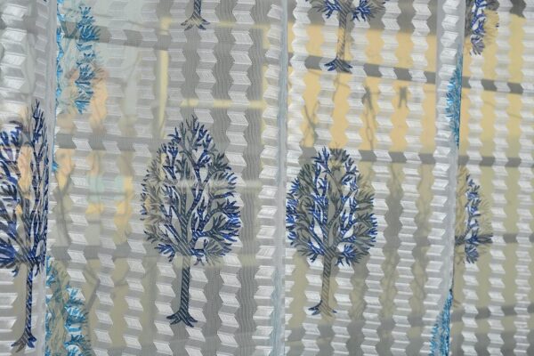 Elegant Blue Tree Printed Tissue Net Curtain for 9 Feet Long Doors - Image 3