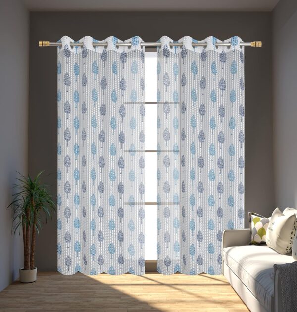 Elegant Blue Tree Printed Tissue Net Curtain for 9 Feet Long Doors - Image 2