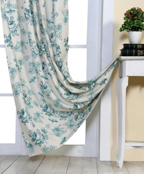 Premium Cotton Aqua Floral Room Darkening Curtains - 5 Feet Long Set of 2 - Image 5