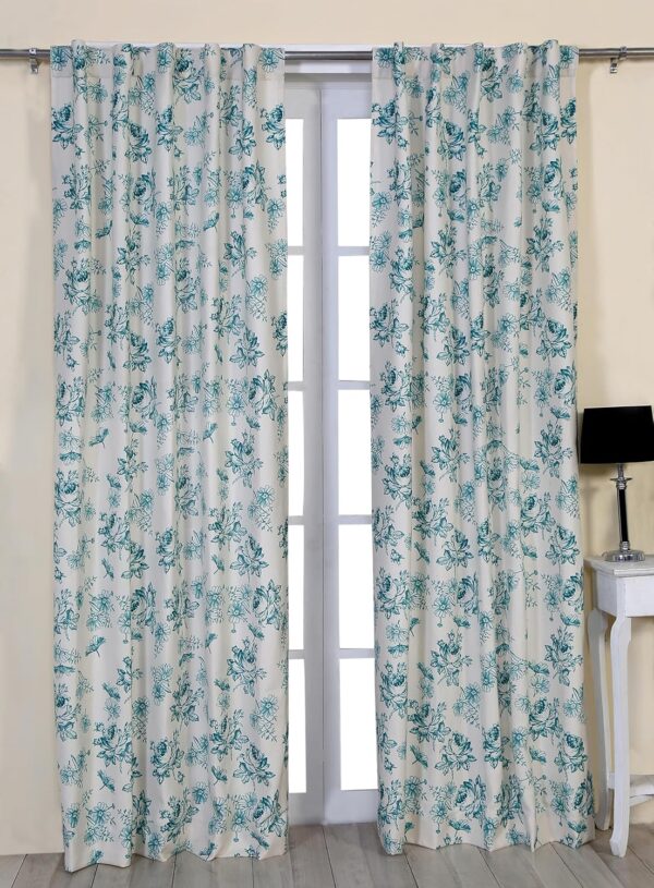 Premium Cotton Aqua Floral Room Darkening Curtains - 5 Feet Long Set of 2 - Image 3