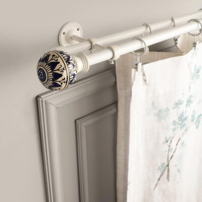 Adjustable Double Curtain Rod with Geometric Finial and Mounting Hardware in White